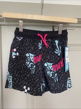 Kids Black Swim Shorts with Blue & Pink Graphic